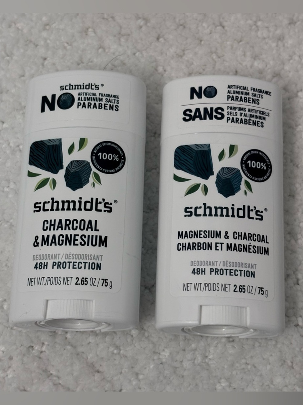 NEW Schmidt's Deodorant Charcoal & Magnesium Aluminum Free 48hr 2.65 oz 2 pack